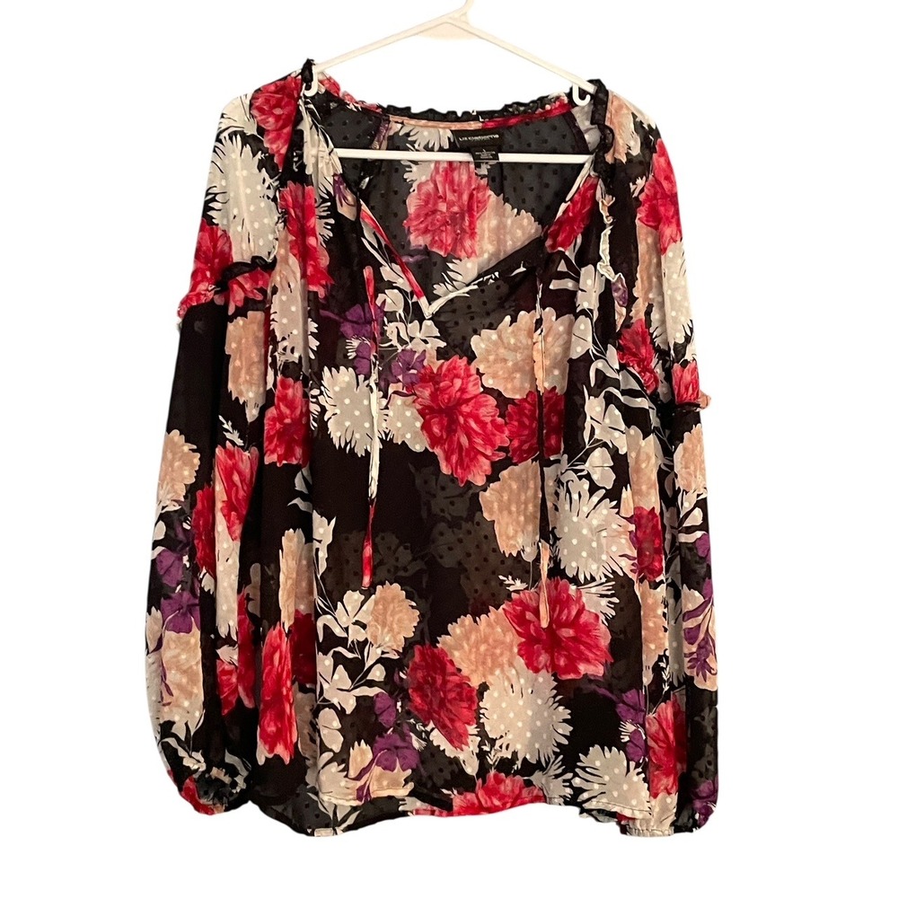 Liz Claiborne Floral Print Sheer Blouse Women's Size L Career Top